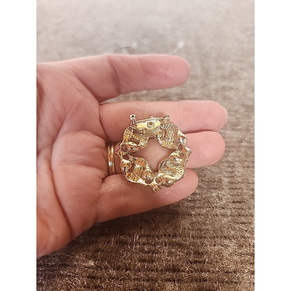Vintage Gold Tone‎ Wreath Brooch Imitation Pearls & Crystal Rhinestones - Picture 4 of 6